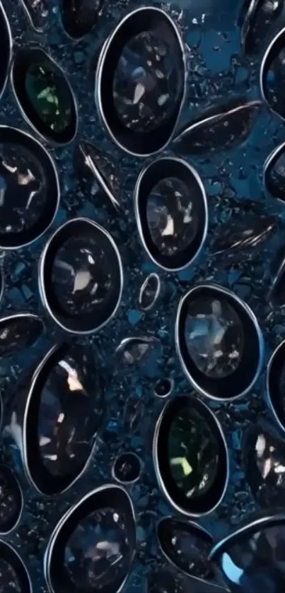 Elegant gemstone pattern with shimmering stones on blue background.