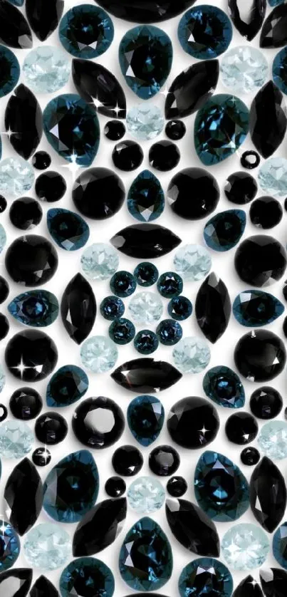 Elegant wallpaper with black and blue gemstones arranged in a pattern.