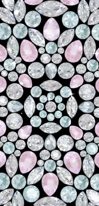 Elegant gemstone pattern wallpaper on black background.