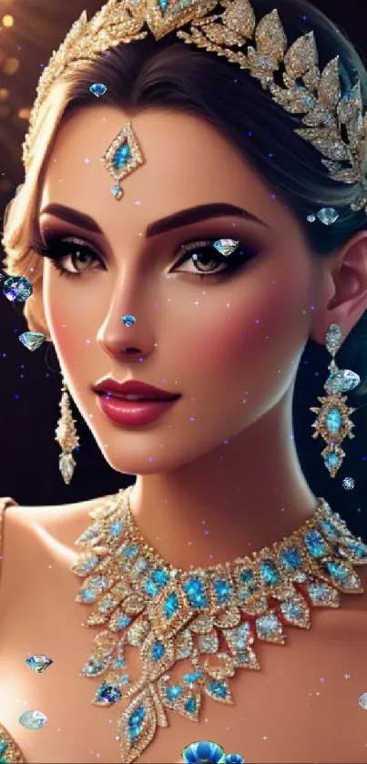 Elegant princess with gemstone jewelry and radiant crown on dark background.
