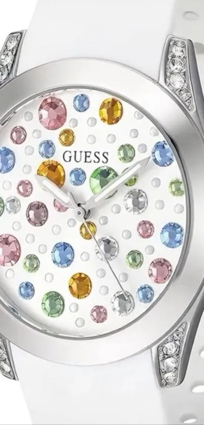 Elegant wristwatch with colorful gemstones and silver design.