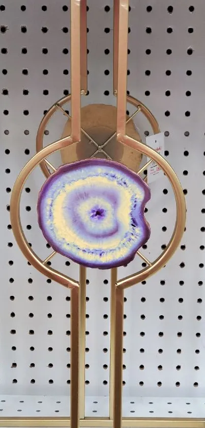 Purple and gold geode art on pegboard wallpaper