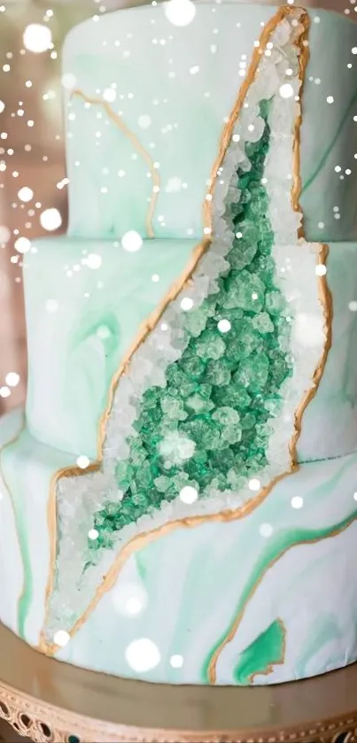 Three-tiered green geode cake on a gold stand.