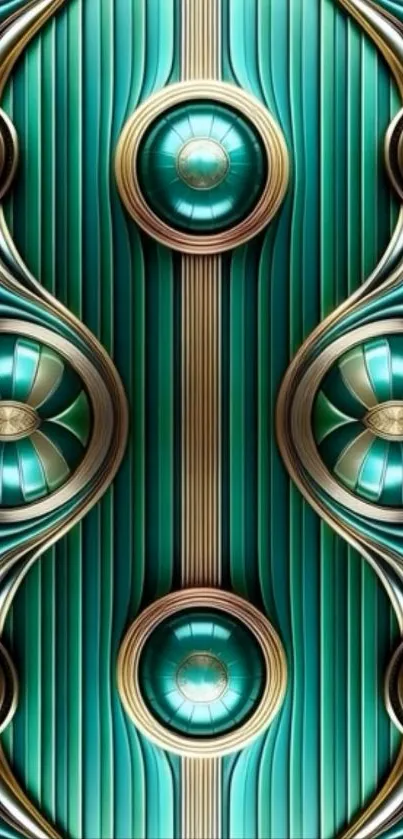 Intricate teal and gold Art Deco wallpaper design.