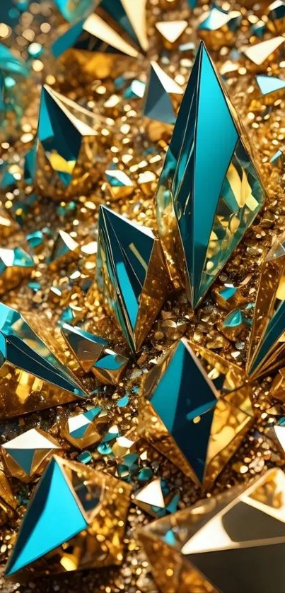 Elegant geometric design with gold and turquoise crystals.