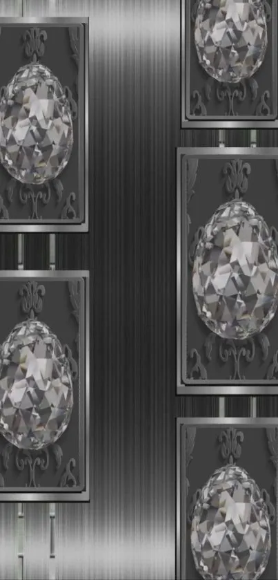 Elegant wallpaper with geometric crystal design on a metallic background.