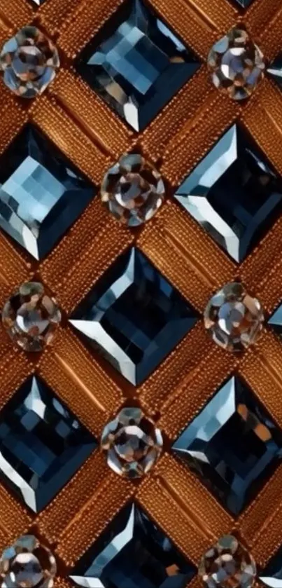 Intricate geometric wallpaper featuring orange and blue elements with a textured pattern.