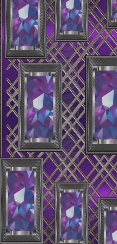 Purple gemstone magazine-style pattern with metallic geometric grid.