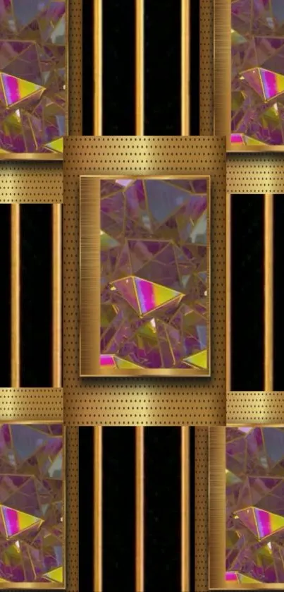Gold geometric patterned wallpaper with purple accents.