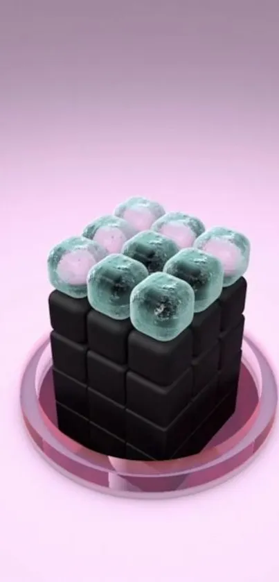 3D ice cubes on black cube with pink background mobile wallpaper.