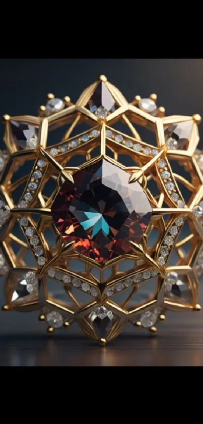 Luxurious geometric jewel design in gold and dark hues on phone wallpaper.