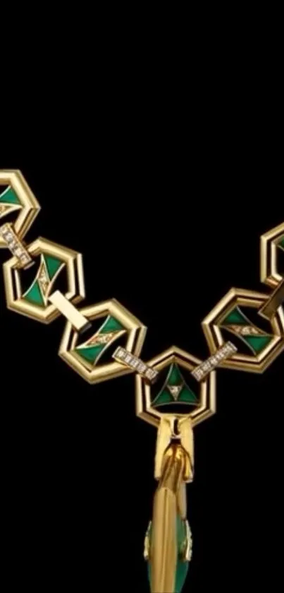 Elegant geometric necklace with gold accents and green inlays.