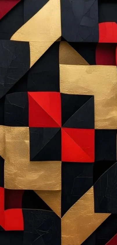 Geometric abstract wallpaper with gold, red, and black colors.