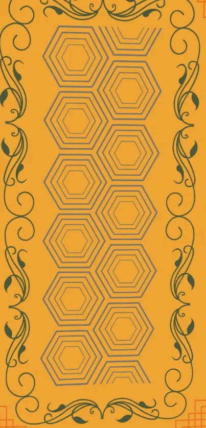 Elegant wallpaper with geometric hexagon patterns and a decorative border in orange gold.