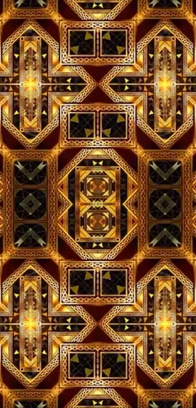 Elegant geometric pattern wallpaper in gold and brown hues.