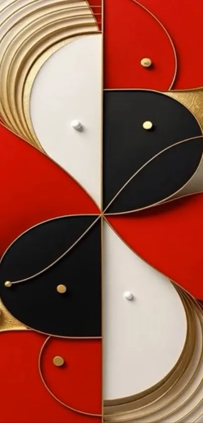 Geometric abstract mobile wallpaper in red, black, and gold.