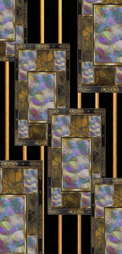 Decorative geometric wallpaper with stained glass effect and gold accents.