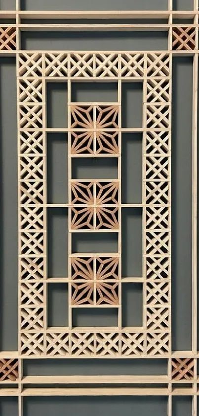 Elegant geometric wooden lattice art on a textured background.