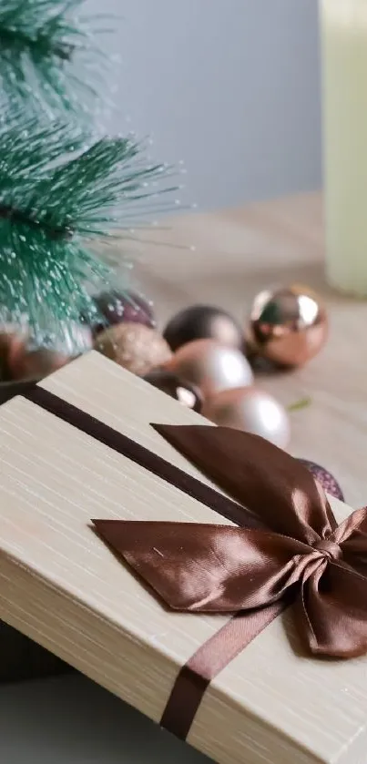 Elegant gift box with satin ribbon, festive holiday scene.