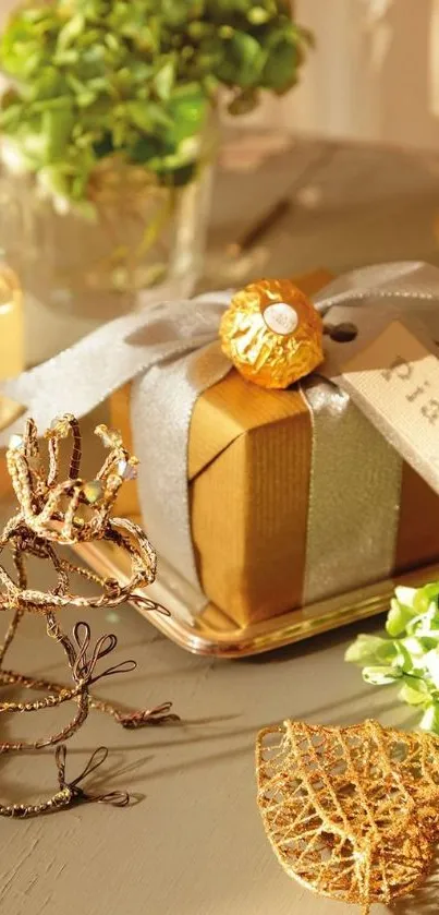 Beautifully wrapped gift with gold accents on elegant table.