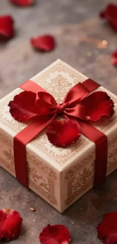 Elegant gift box with red ribbon and petals.