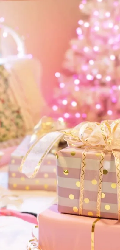 Elegant gift boxes with pink Christmas tree.