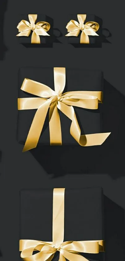 Black gift boxes with golden ribbons on a dark background.