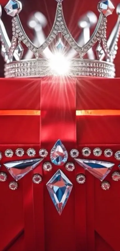 Luxurious red gift box with crown and diamonds.