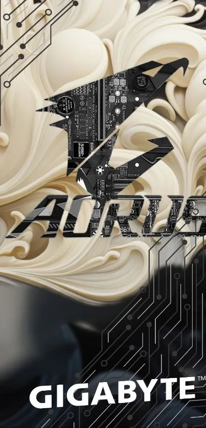 Gigabyte Aorus elegant swirl design wallpaper with cream and black tones.