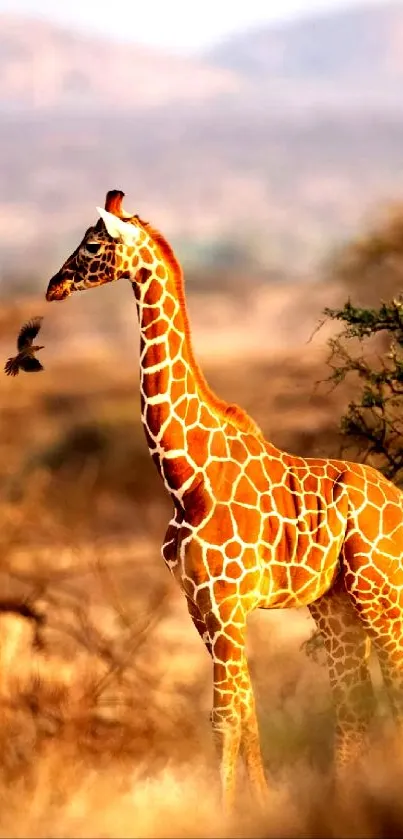 Giraffe standing gracefully in sunlit savannah.