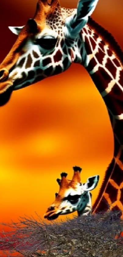 Elegant giraffe in a vibrant sunset, striking wildlife art.