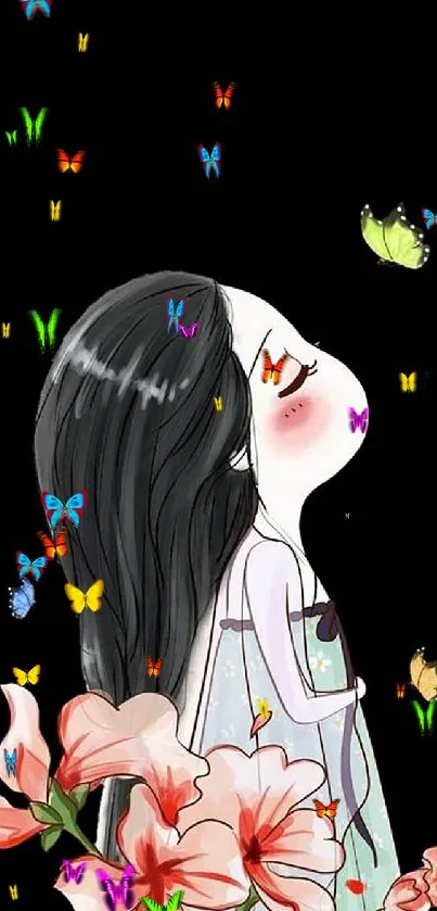 Artistic wallpaper of a girl with flowers and butterflies on a black background.