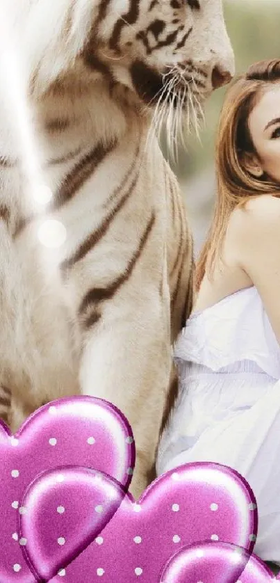 White tiger and elegant girl with pink hearts in wallpaper.