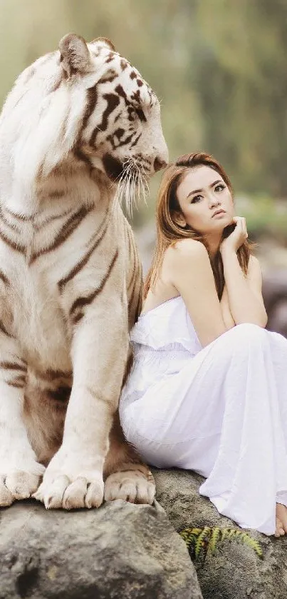 Woman in white dress sitting with a white tiger on rocks.