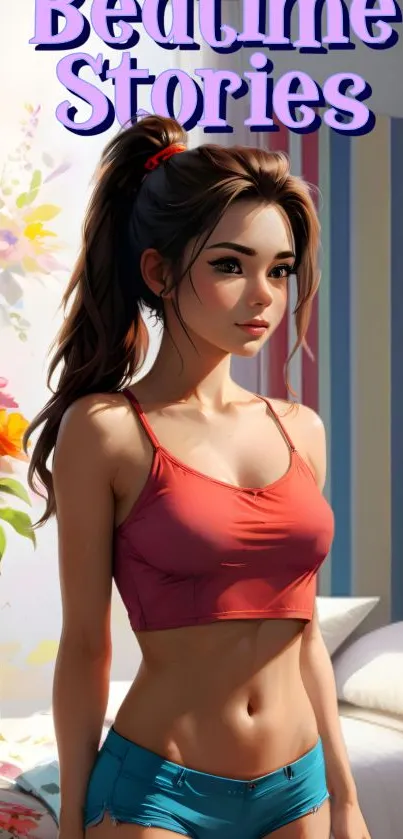 Artistic wallpaper of a girl in casual outfit in a bedroom setting.