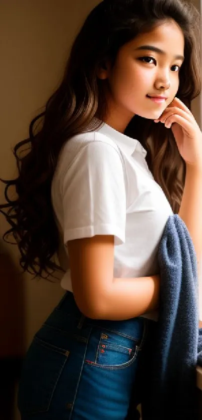 Young woman with long hair by a sunlit window.