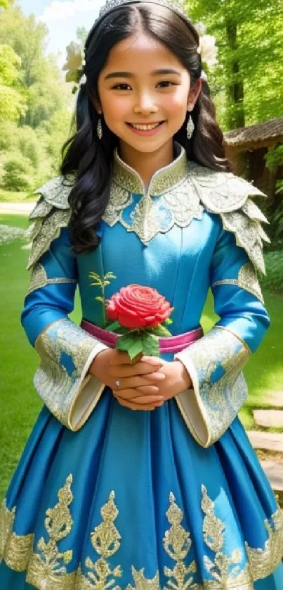 Girl in blue dress holding a red rose in a lush garden.