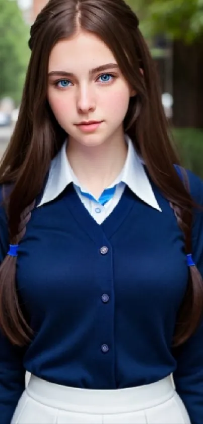 Navy blue sweater girl standing outdoor.