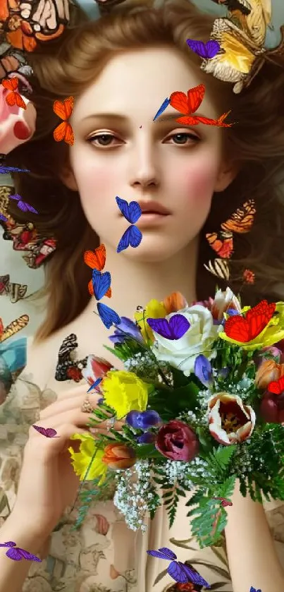 Elegant girl with butterflies and a vibrant flower bouquet.