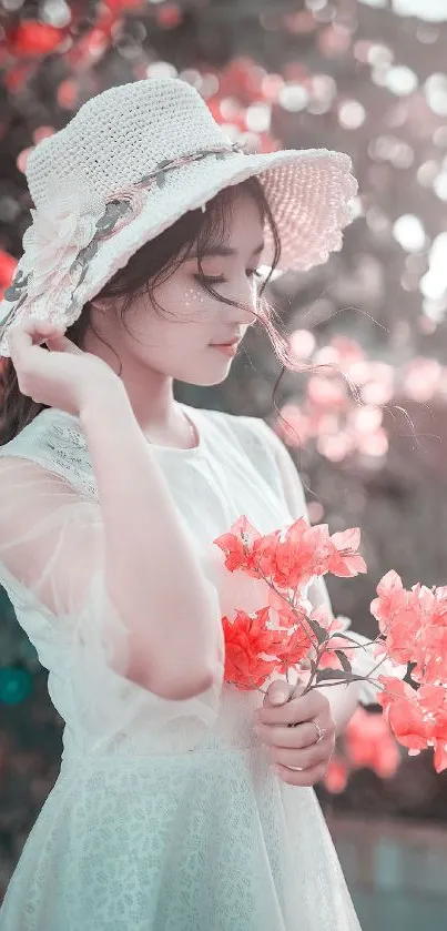 Girl in white dress with red flowers in a serene background.