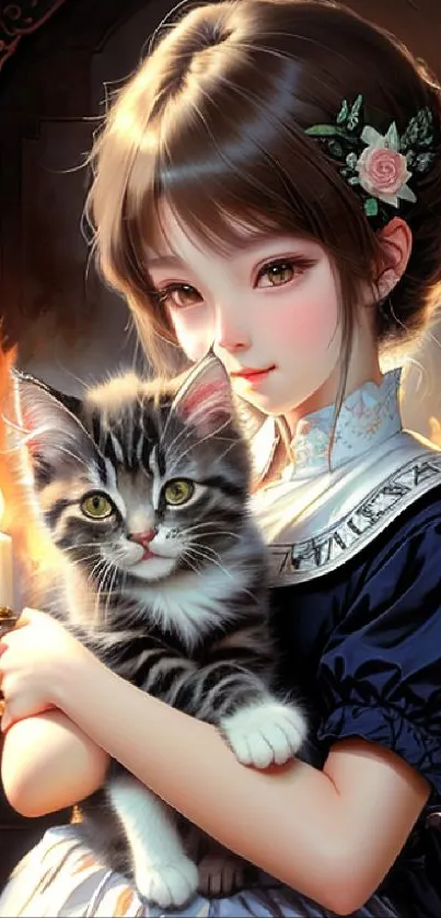 Artistic girl with kitten by candlelight, creating a warm and elegant mobile wallpaper.