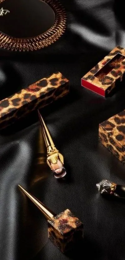 Luxurious makeup and satin wallpaper with leopard print.