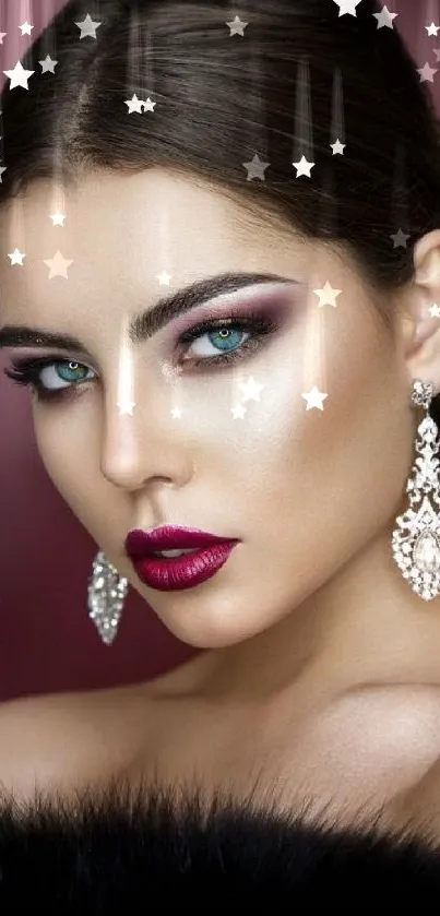 Elegant woman with dramatic makeup and sparkling earrings against a burgundy backdrop.