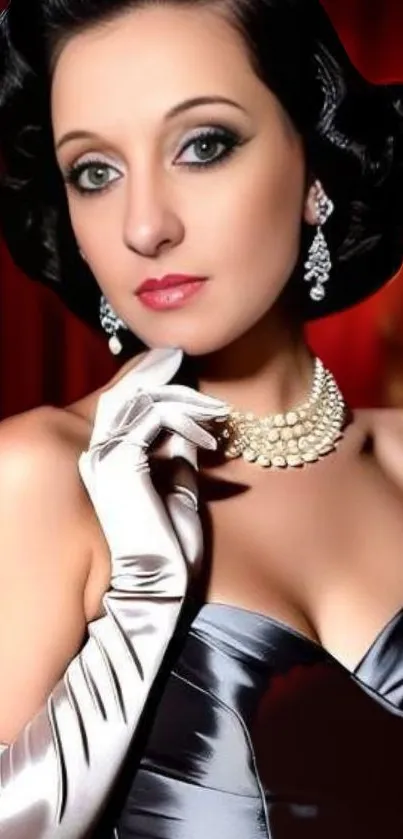 Glamorous woman in elegant attire with red background.