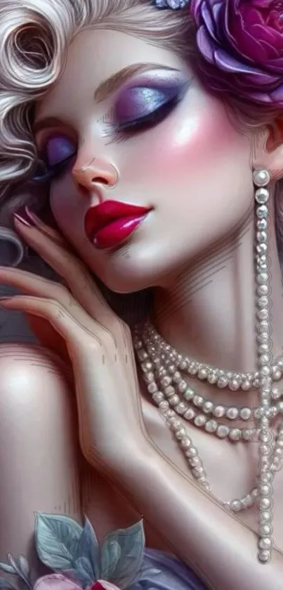 Stylish artistic portrait with pearls and vibrant colors