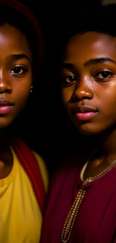 Elegant portrait of two women in low light.