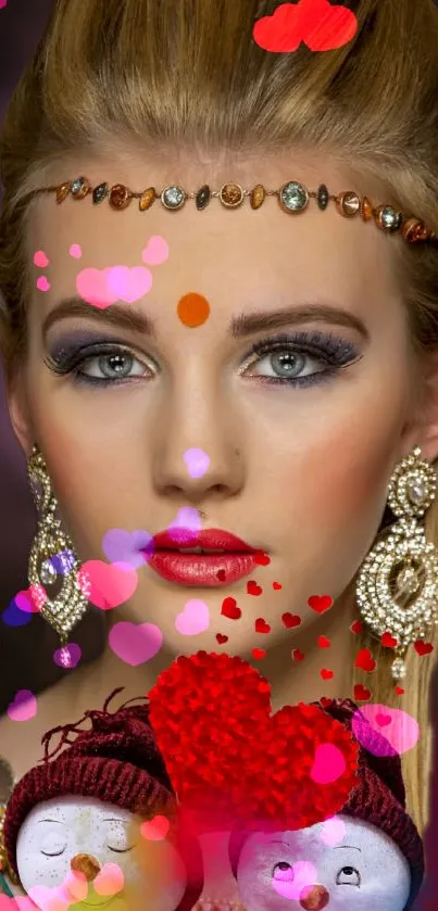 Elegant woman with jewelry and vibrant hearts on mobile wallpaper.