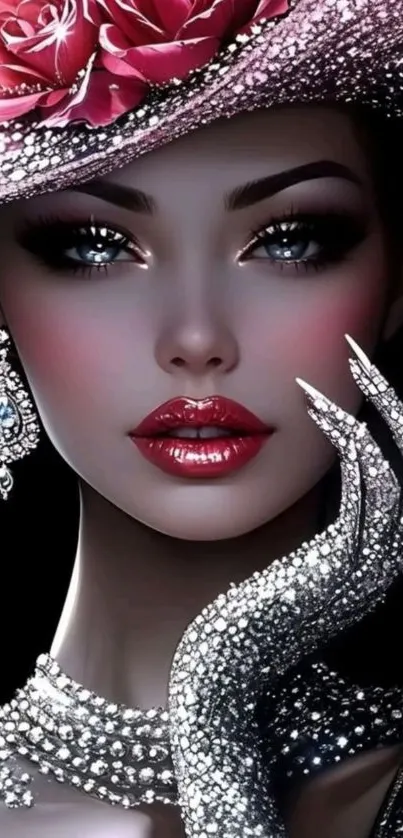 Glamorous digital portrait of a woman with sparkling attire and hat.