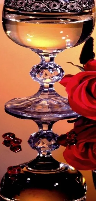 Elegant glass and red rose reflecting warm glow on mobile wallpaper.