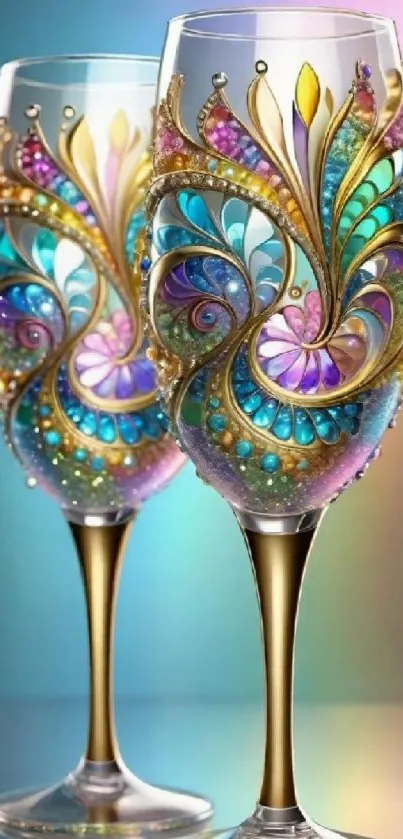 Colorful glassware with swirl design wallpaper.